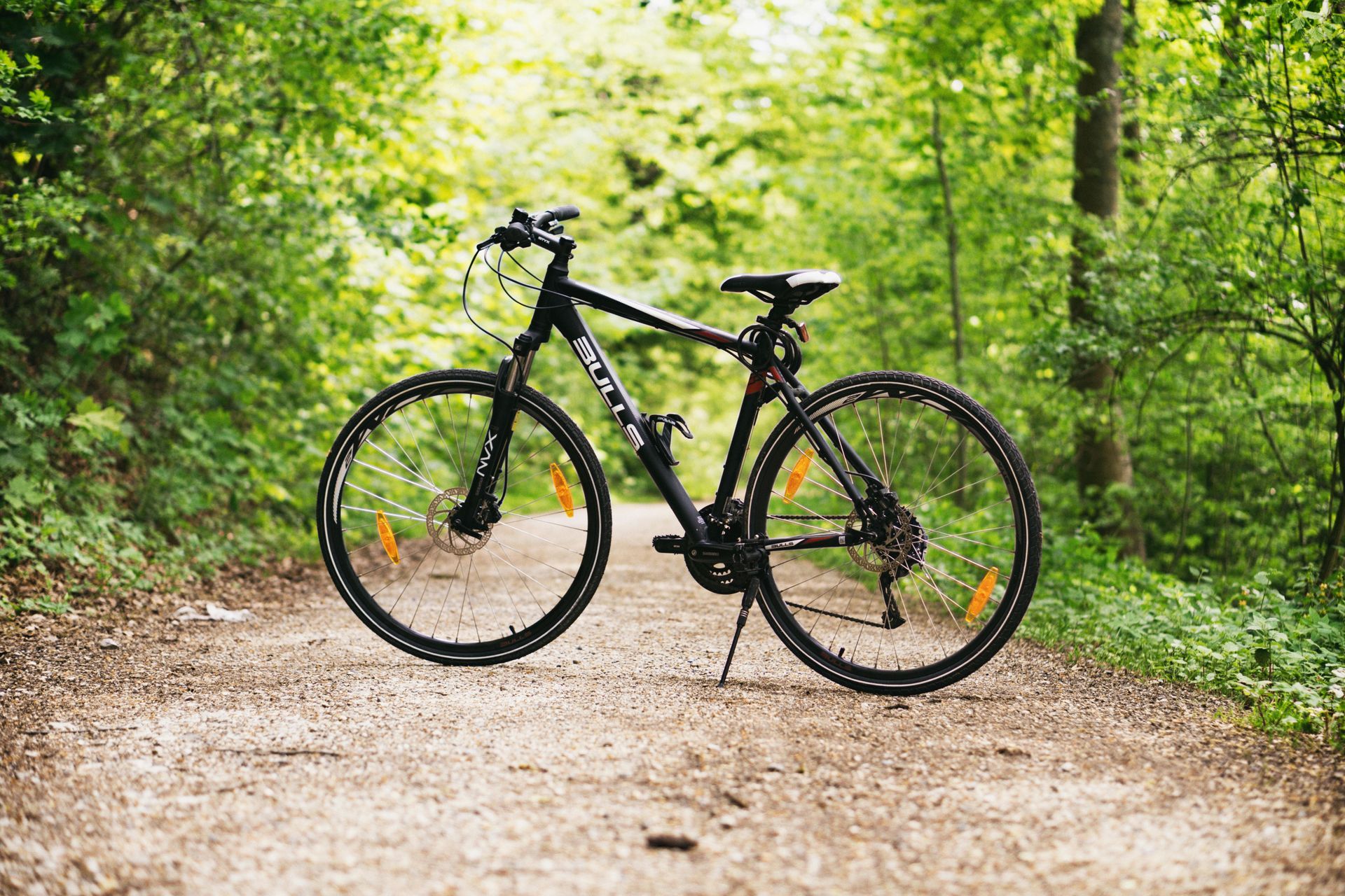 Una bicicleta está estacionada en un camino de tierra en el bosque.